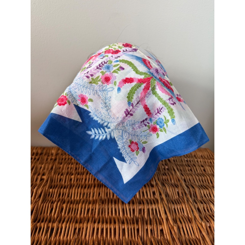 Vintage Floral Blue White Botanical Square Handkerchief Scarf 17x16.5
